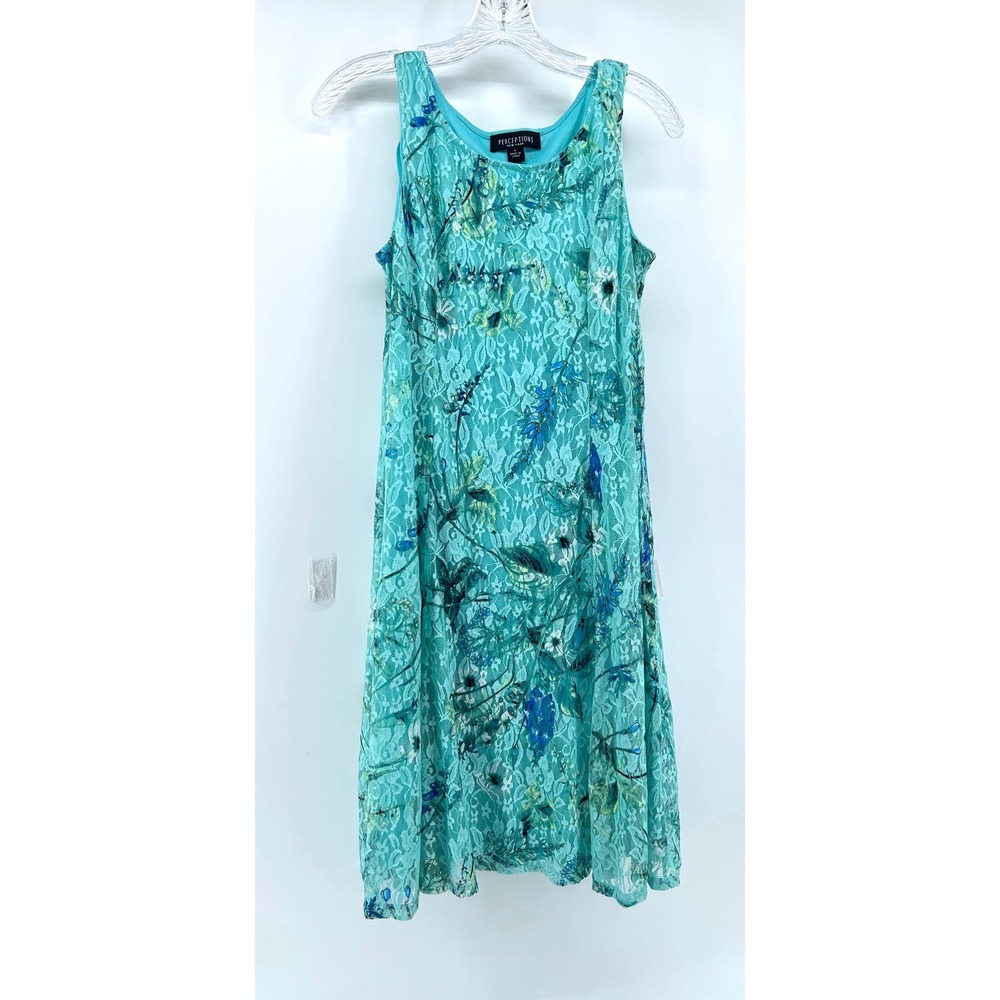 Perceptions New York Womens Teal Floral Lace Sleeveless A-Line‎ Dress Small